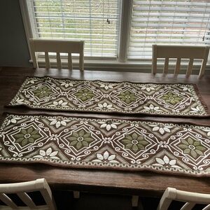 VTG  Reversible Wool Table Runners Set of 2 Brown Green Floral Geometric 48x13